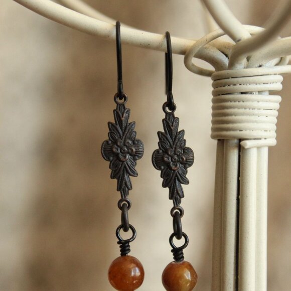 Handmade Women's Earrings, Black Metal with Brown Beads and a Faux Pearl Dangles - Picture 9 of 10